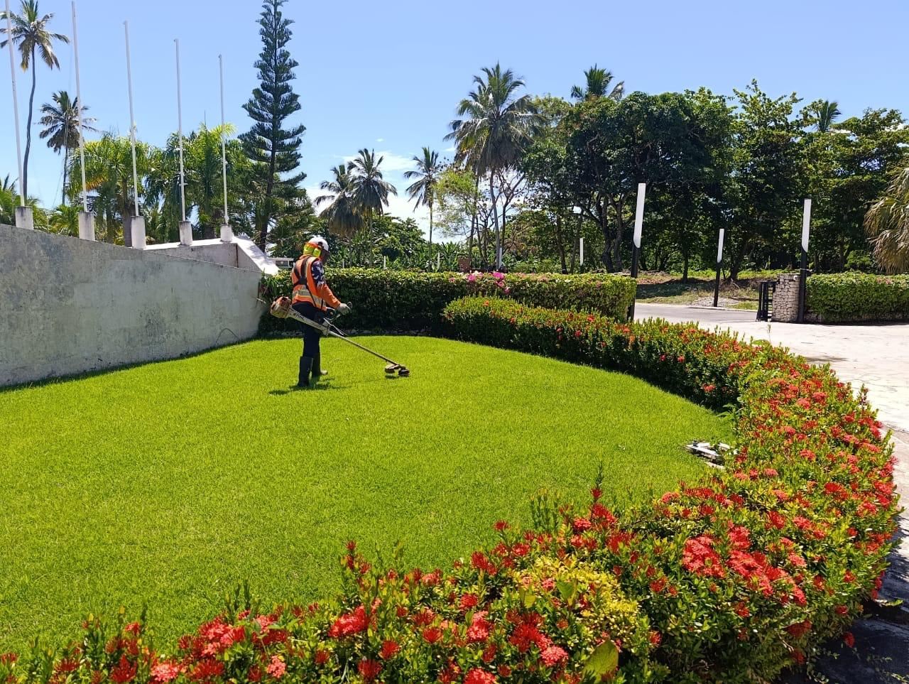 Zona común ajardinada con seto de flores rojas recién mantenida